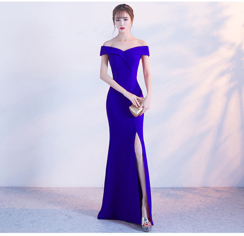 Banquet evening dress word-shoulder fishtail dress 2583877244097