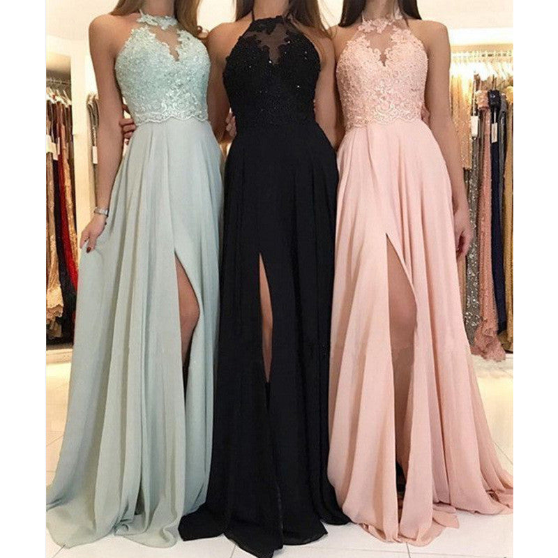 Halter Lace Chiffon Dress Prom Evening Dress Split Long Skirt 25feb2a5 d200 4a5f 9498 40c130c8b633