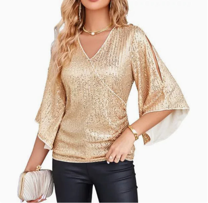 Loose Mid-length Sequined T-shirt Women's Short Sleeve 26052d61 ef6d 4bf9 8222 50339c4ba439