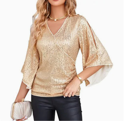 Loose Mid-length Sequined T-shirt Women's Short Sleeve 26052d61 ef6d 4bf9 8222 50339c4ba439