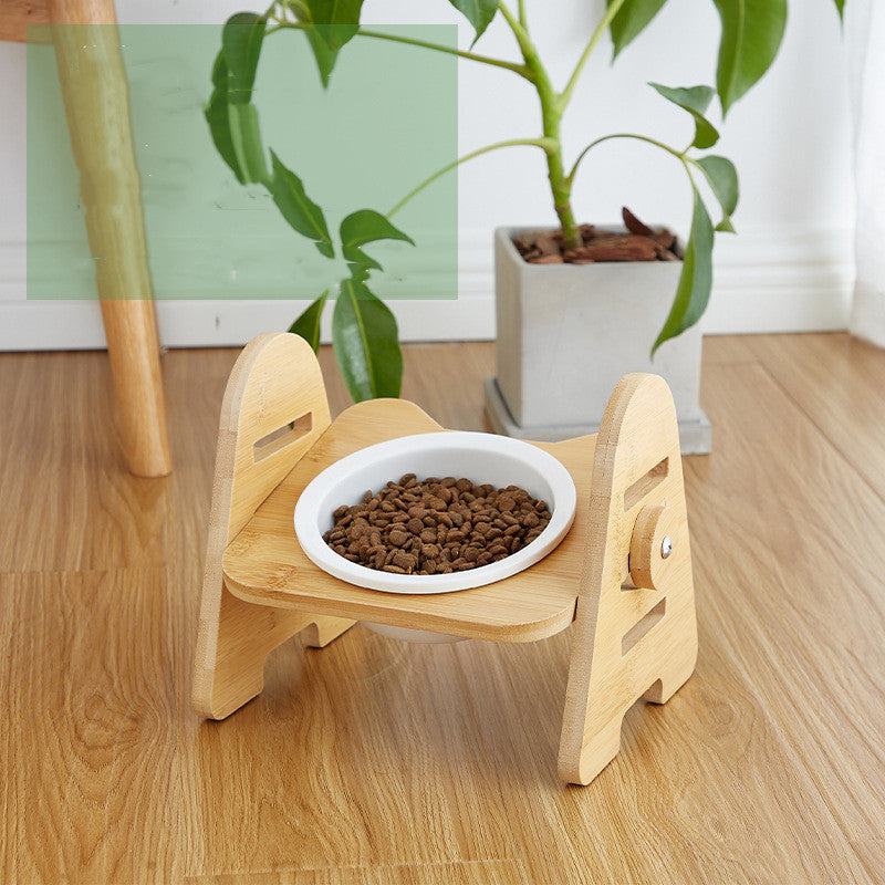 Cat Bowl Solid Wood Ceramic Double Bowl Oblique Mouth Pet Bowl Protecting Cervical Spine Cat Food Bowl Cat Food Bowl 26387026