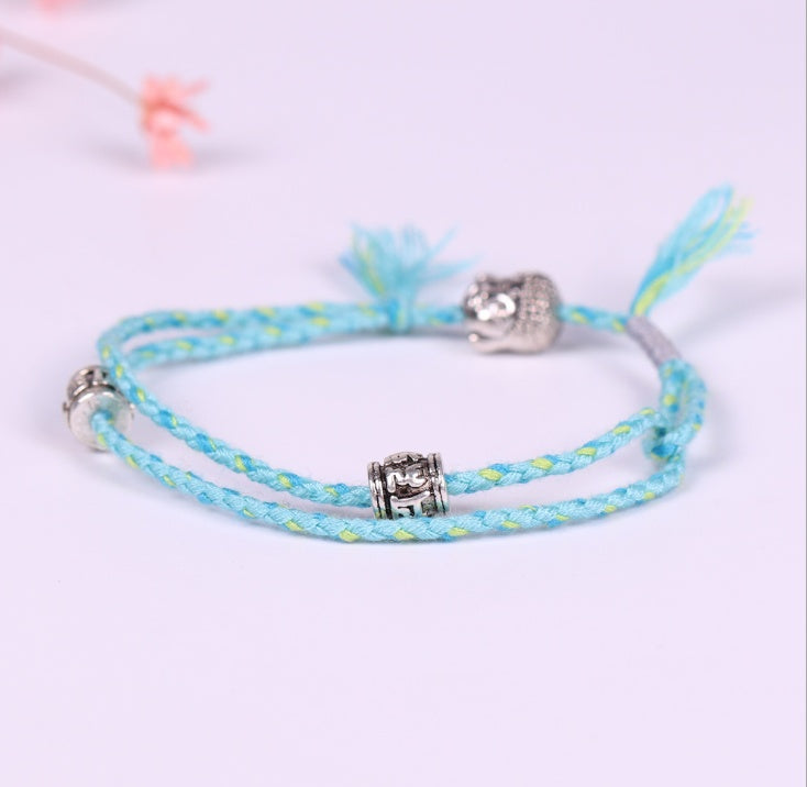 Hand-woven colorful lucky rope bracelet adjustable silver Buddha head double simple bracelet 2643423510691