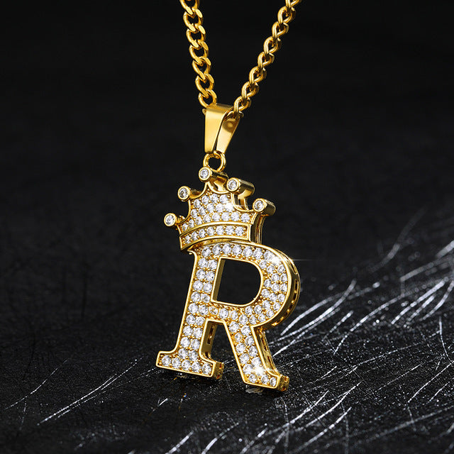 Crown Pendant Stainless Steel Letter Necklace 2667827433699