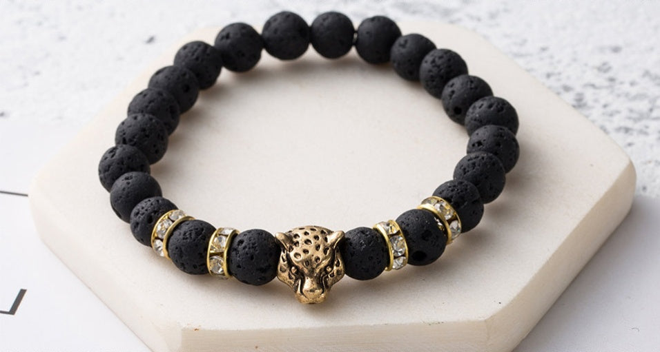 8mm Natural Stone Lava Stone Bead Bracelet For Men Leopard Head Leopard Pendant Charm Bracelet Handmade Jewelry - HD Wireless Product #10