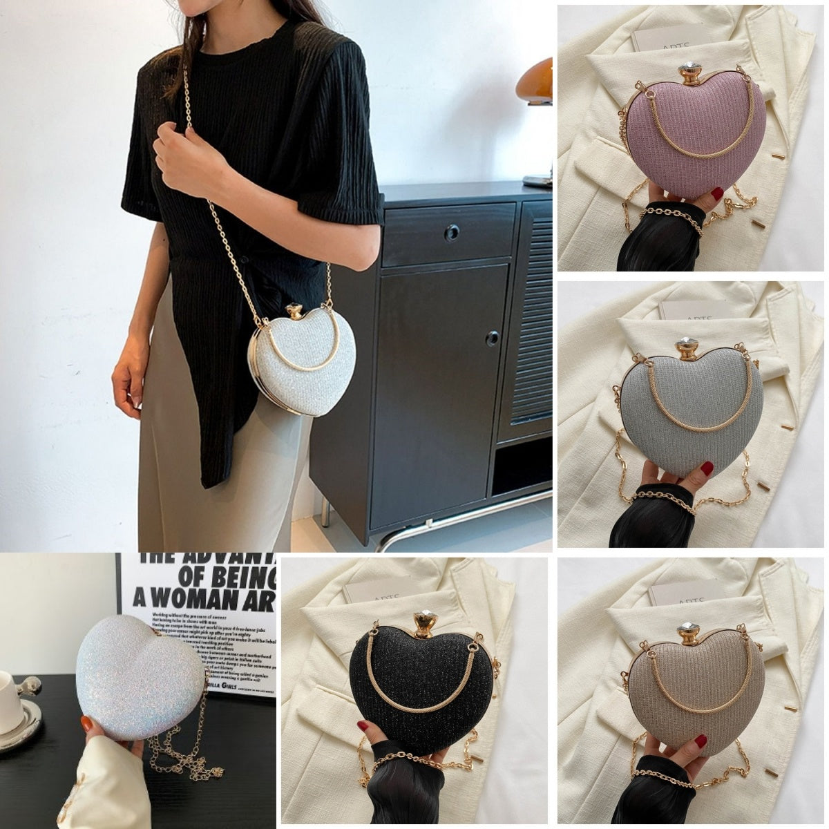 Evening Clutch Bag Women Bag Shiny Handbag Heart Shape Metal Clutches Bag Fashion Chain Shoulder Crossbody Bag Luxury Lady Pu