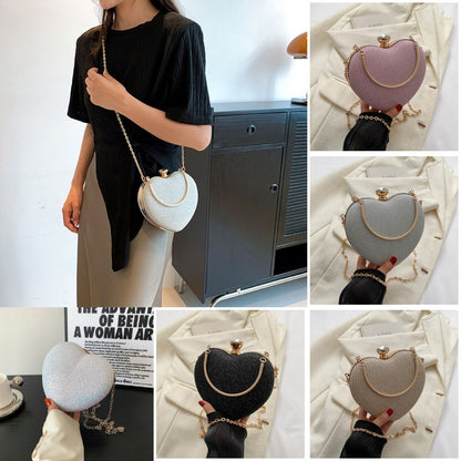 Evening Clutch Bag Women Bag Shiny Handbag Heart Shape Metal Clutches Bag Fashion Chain Shoulder Crossbody Bag Luxury Lady Pu