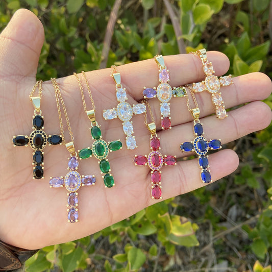 Copper Micro Zircon-laid Necklace Multicolor Cross Pendant Hip Hop Necklace Clavicle Chain 27abaaff ed6f 403a a6cf aa5b1d32c6