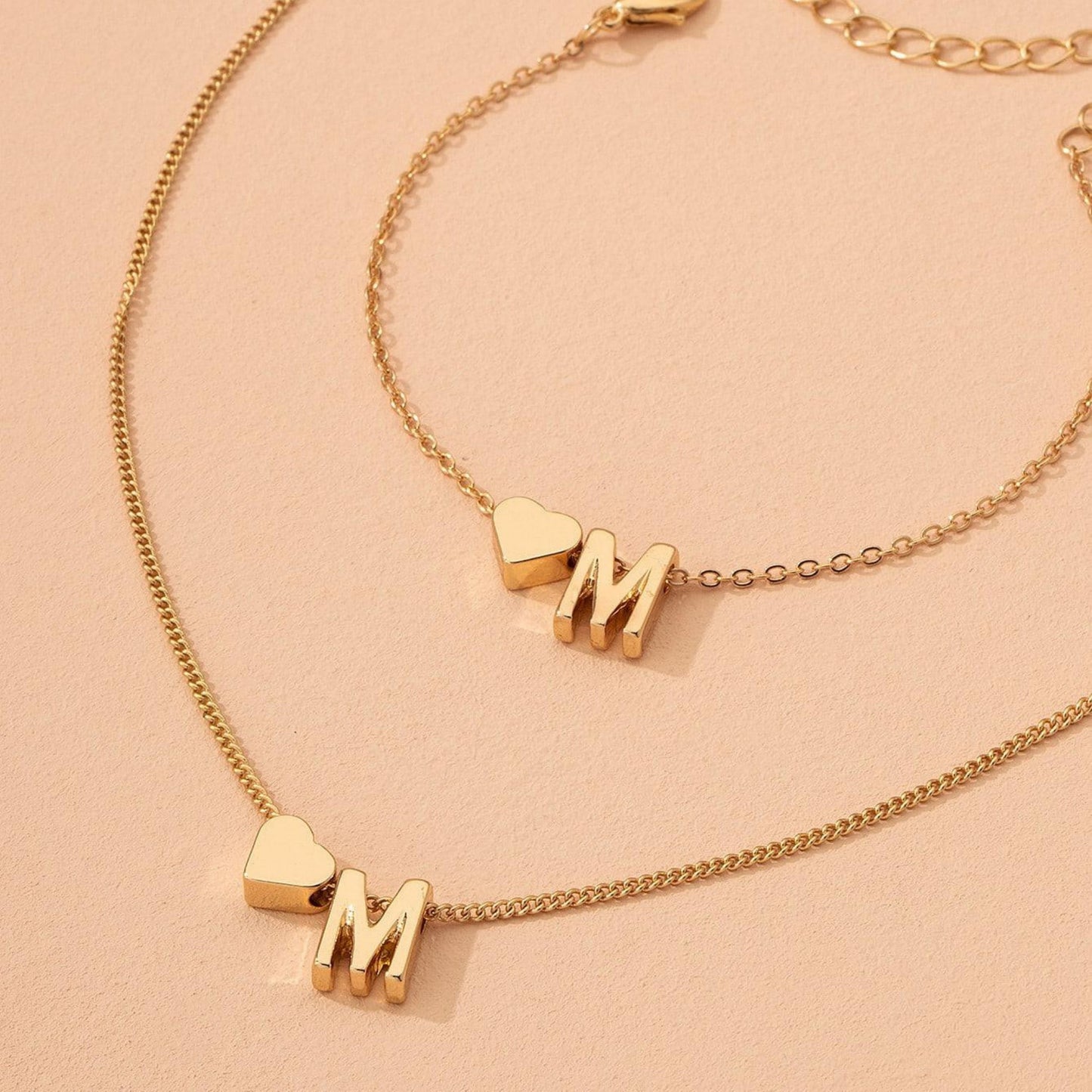 Minimalist Style Heart-shaped Letter Necklace Bracelet 27e507c0 f4b2 44d2 90b1 d1ed7ec8b372