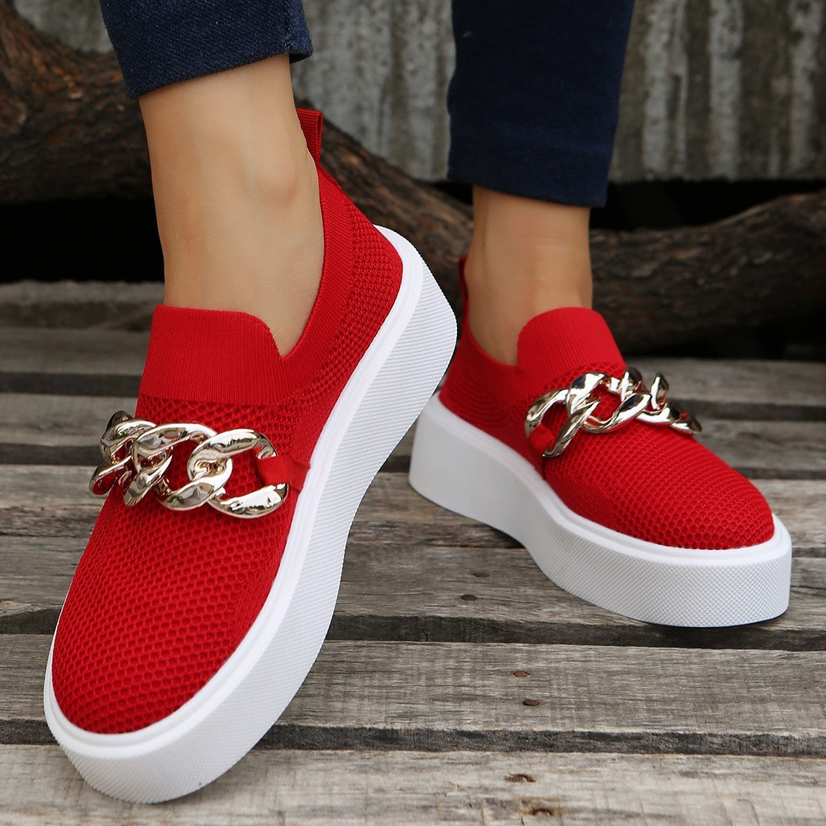 Spring And Autumn New Thick Bottom Shallow Mouth Knitted Mesh Chain Outer Wear Casual Women's Shoes 27f7ab57 877f 4ac9 9ec2 8