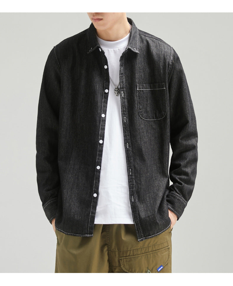 Men's Long Sleeve Solid Color Casual Thin Lapels Denim Shirt