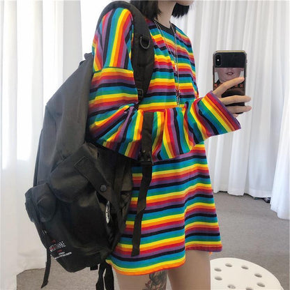 Cute girl rainbow stripes loose wild long-sleeved T-shirt 2831522214275