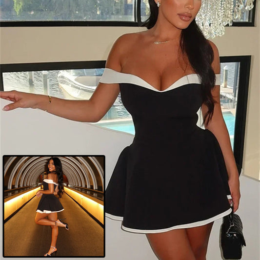 Women's Black And White Patchwork Summer Dress Y2K Trend Slash Neck Backless Sweet Girl Chic Ruched Mini Bodycon Streetwear 2