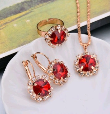 Europe And The United States Personalized Water Drop Color Diamond Necklace, Earrings, Rings Set, Shiny High-end Bridal Jewel