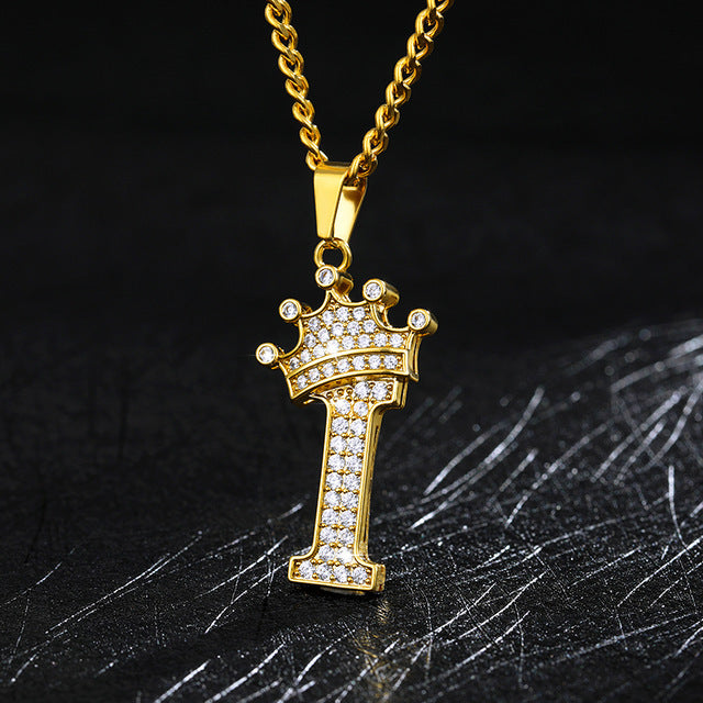Crown Pendant Stainless Steel Letter Necklace 291425585299