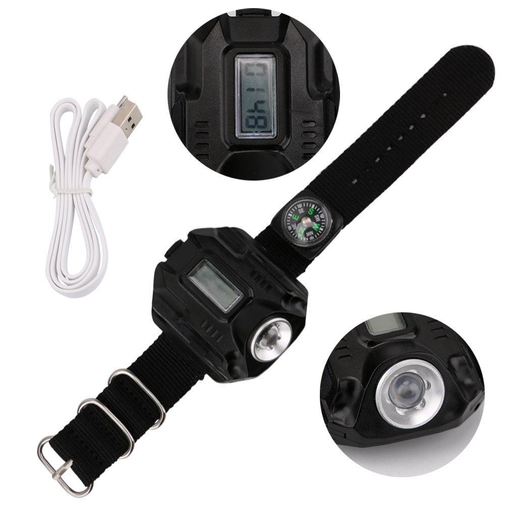 LED watch flashlight flashlight portable light USB charging 4 mode light tactical flashlight time display with compass 293422