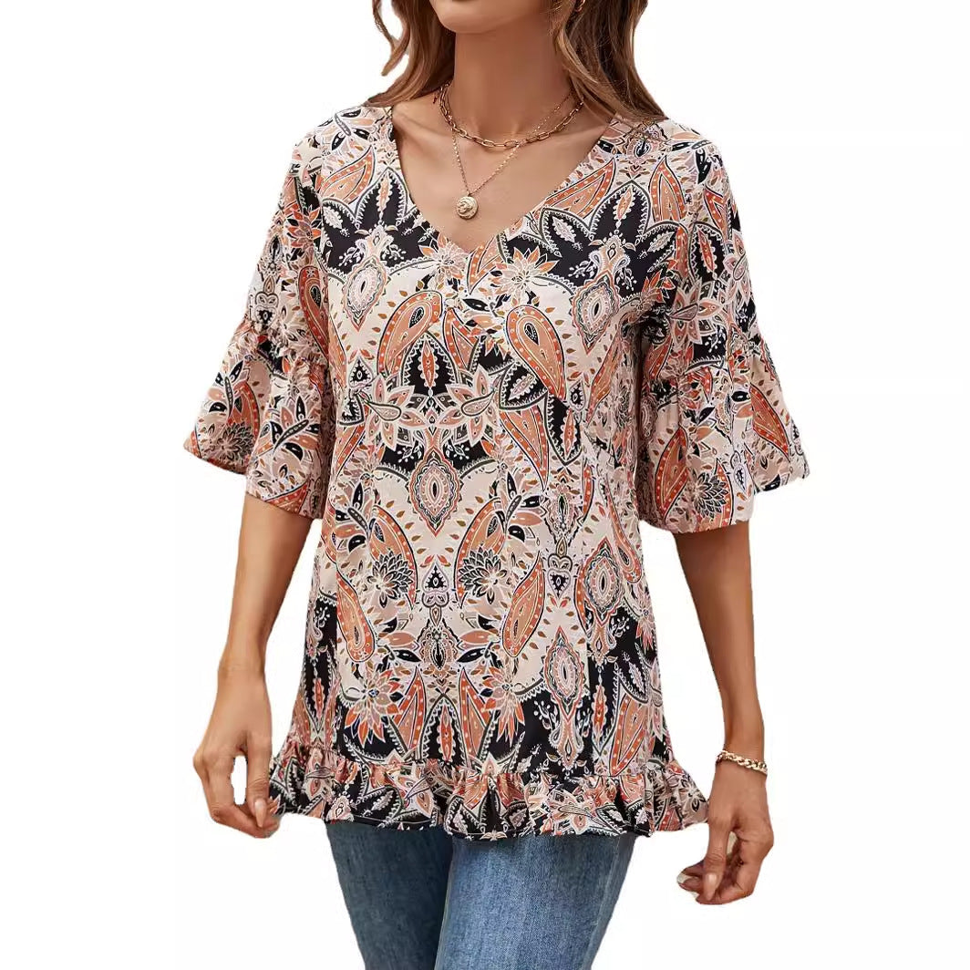 V-neck Printed T-shirt Casual Bell Sleeve Top 2936d8a4 532f 4723 b2cc 9c70fdeed740
