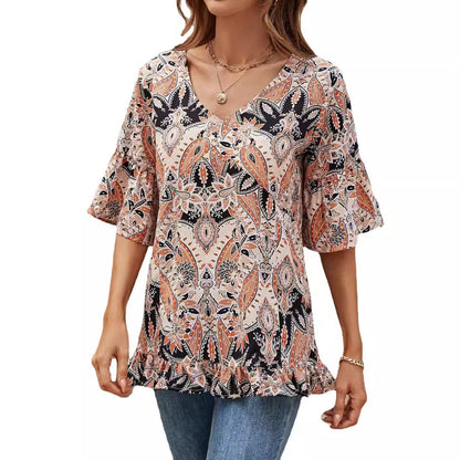 V-neck Printed T-shirt Casual Bell Sleeve Top 2936d8a4 532f 4723 b2cc 9c70fdeed740