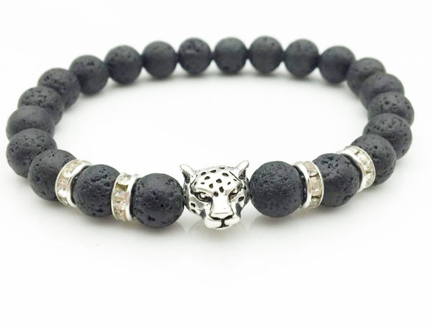 8mm Natural Stone Lava Stone Bead Bracelet For Men Leopard Head Leopard Pendant Charm Bracelet Handmade Jewelry - HD Wireless Product #13