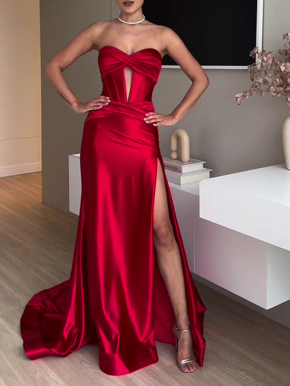 Tube Top Slit Red Extra Long Evening Dress 2a06d917 ec47 4f8f 8985 10837dbc6a6f