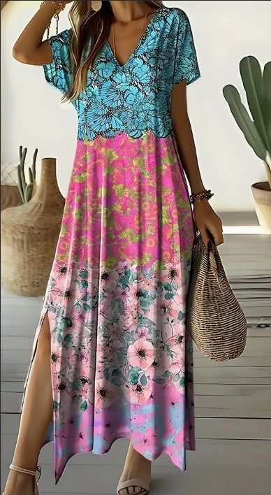 Floral Print V-neck Dress - Vacation Style Short Sleeve A-line Split Hem Dress For Spring & Summer - Women's Clothing - For W