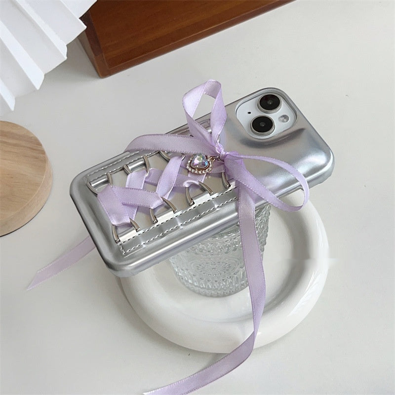 Electroplating Air Cushion Silver Phone Case Shoelace Bow Protective Cover - 图片 3