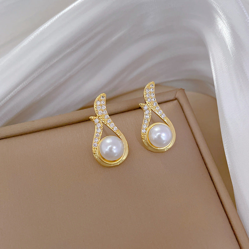 Necklace And Earrings Suite Light Luxury Full Diamond Pearl