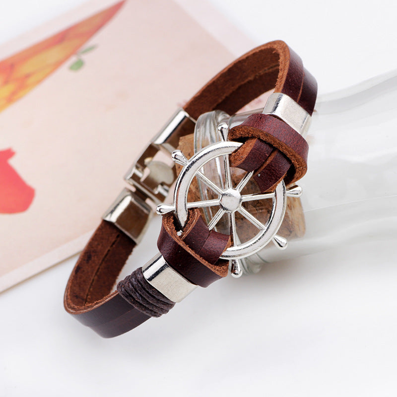 Rudder Bracelet Real Cowhide String Boat Anchor Wheel Metal Punk Bracelet Jewelry 2b229456 ec3a 474b b81a 76badc1a6473