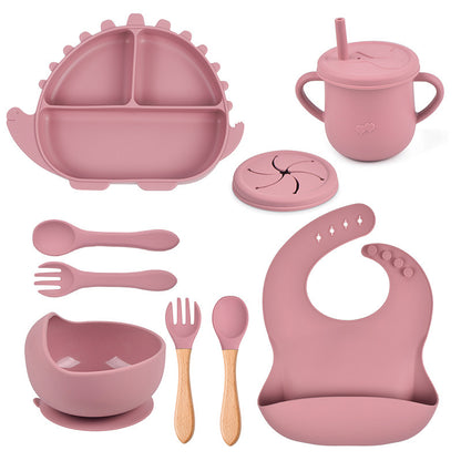 8-piece Children's Silicone Tableware Set Dinosaur Silicone Plate Bib Spoon Fork Cup Baby Silicone Plate - HD Wireless Product #11