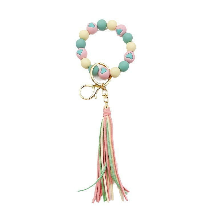Cross-border Hot Selling Korean Velvet Tassel Cute Small Peach Heart Silicone Beads Bracelet Keychain Female Bracelet Car Sui