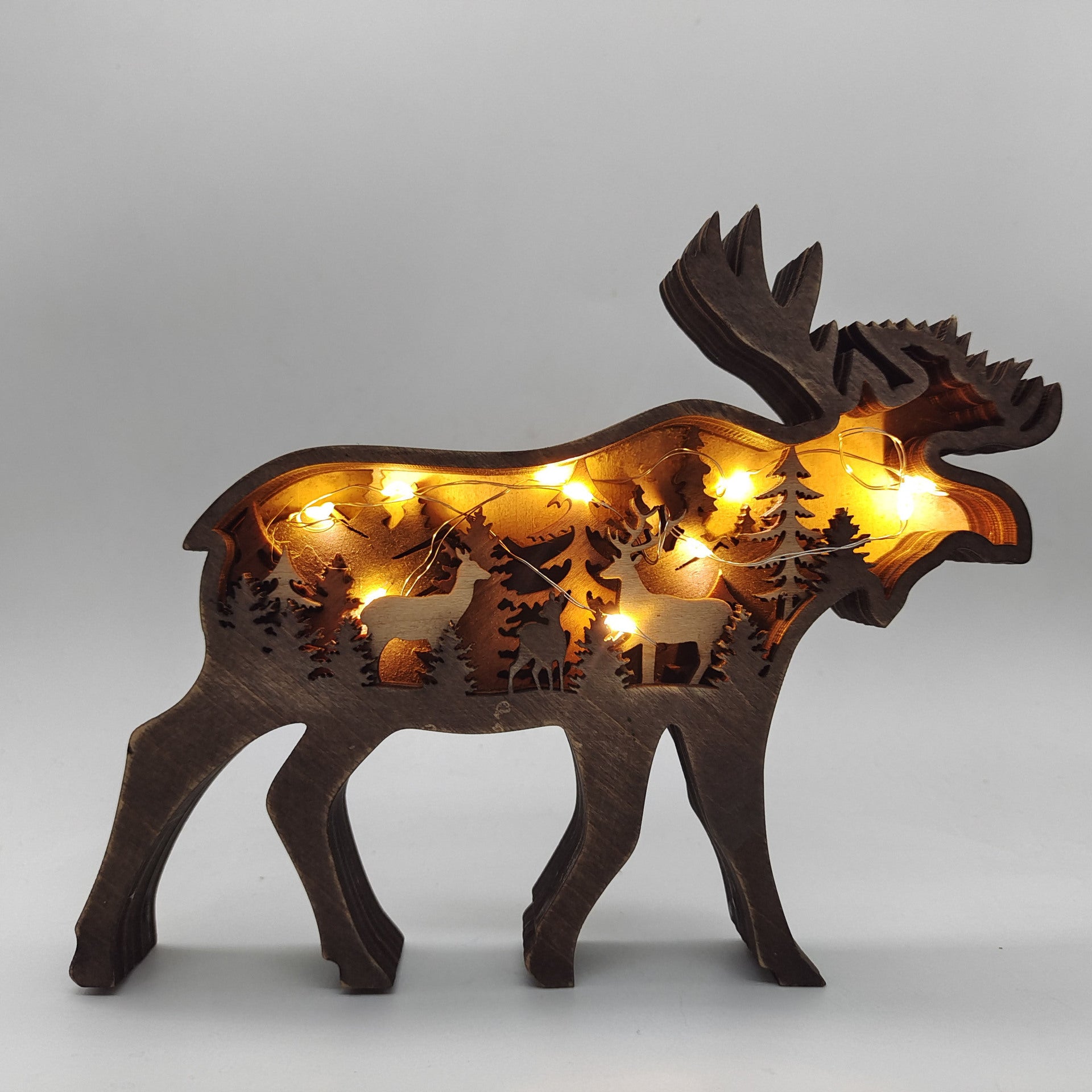 Christmas Decoration Wooden Animal Carving Handcraft Gift Wall Hanging Sculpture 3D Bear Deer Elk Art Decor New Year Ornament