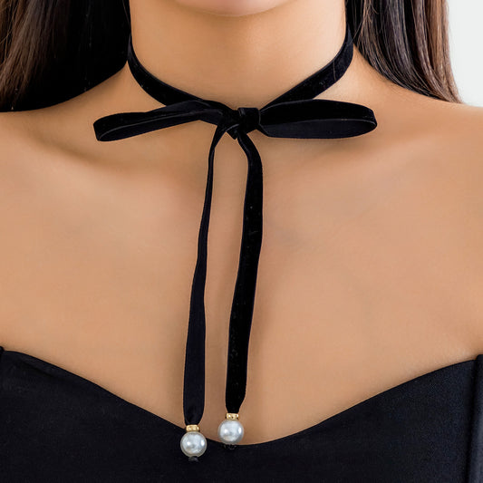European And American Flannel Beads Bow Simple Long Tie Collar 2cb11fc5 d082 4412 84e1 fdf3f4cf3f9e