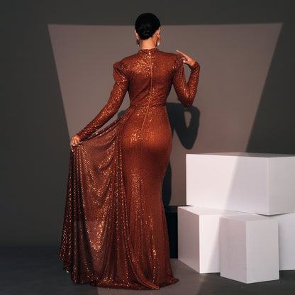 Long Sleeve Round Neck Sexy Slim Long Sequined Banquet Dress 2e3e5f10 625d 4939 826e f41a55d94085