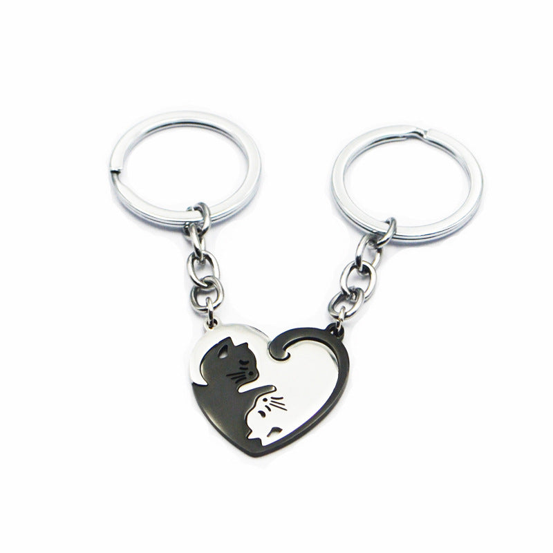 Jovivi 2pcs Yin Yang Cat Key Ring Matching Cute Cat Jigsaw Puzzle Key Chain Stainless Steel Pet Keychain for Couples Lover Gift - 图片 6