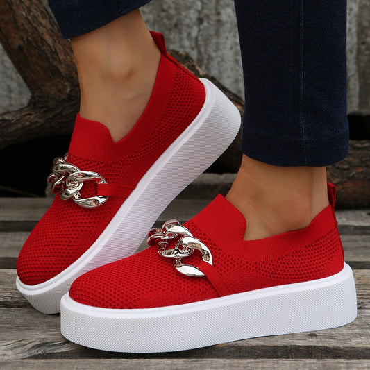 Spring And Autumn New Thick Bottom Shallow Mouth Knitted Mesh Chain Outer Wear Casual Women's Shoes 2f3abf7f f3f5 4149 998f d