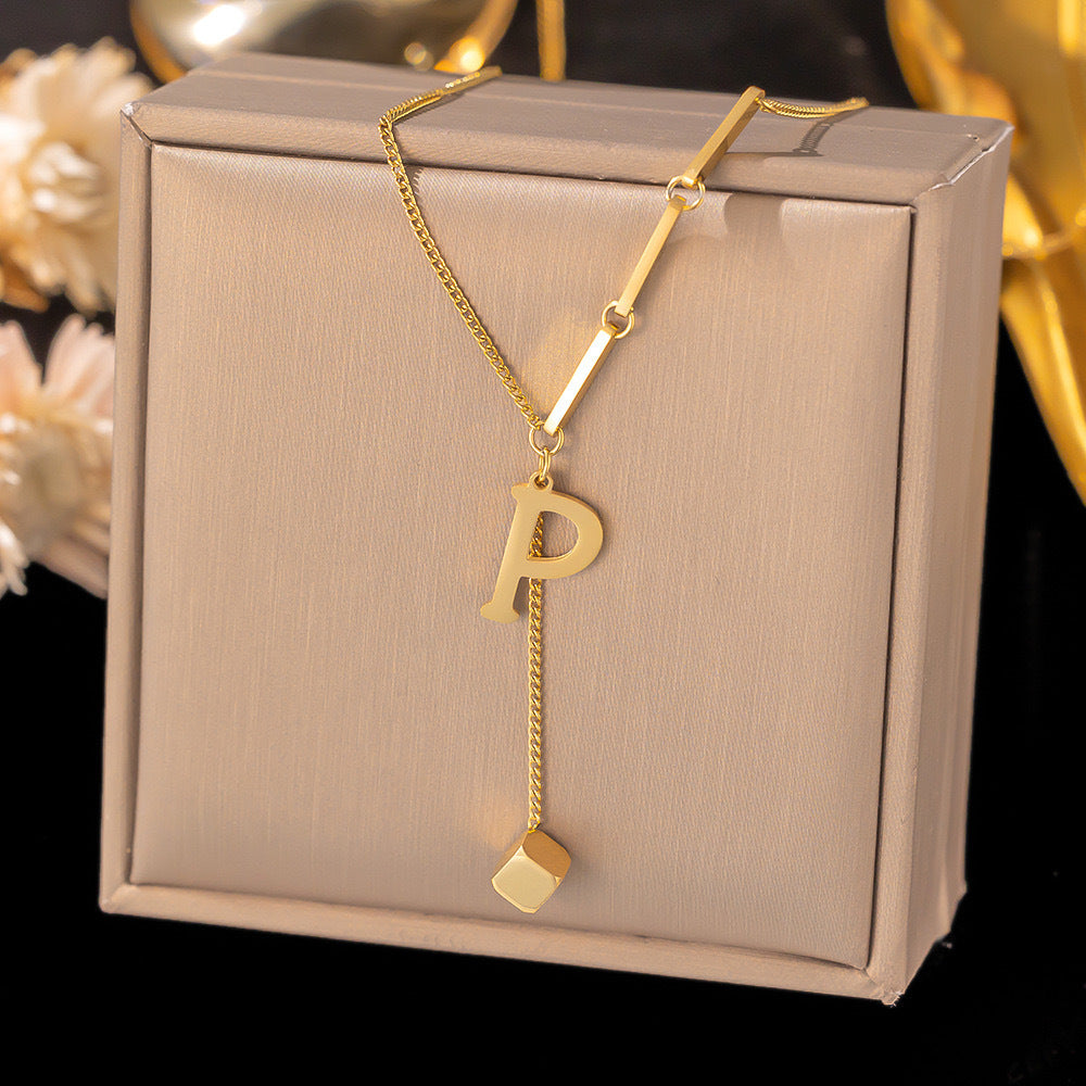 Necklace Ornament Titanium Steel Tassel 26 Letters Female Small Square Pendant Graceful Personality Jewelry 2f3b6836 b55b 4b2