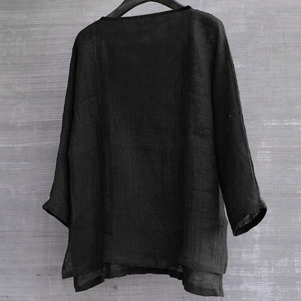 Cotton linen solid stand collar shirt 3012247036511