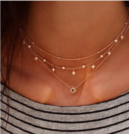 Bls-miracle Multilayer Necklace for Women Long Chain Turkish Eye Pendant Necklaces Trendy Crystal Star Water droplets Necklac