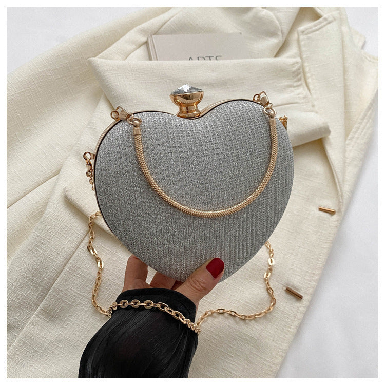 Evening Clutch Bag Women Bag Shiny Handbag Heart Shape Metal Clutches Bag Fashion Chain Shoulder Crossbody Bag Luxury Lady Pu
