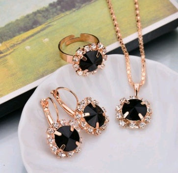 Europe And The United States Personalized Water Drop Color Diamond Necklace, Earrings, Rings Set, Shiny High-end Bridal Jewel