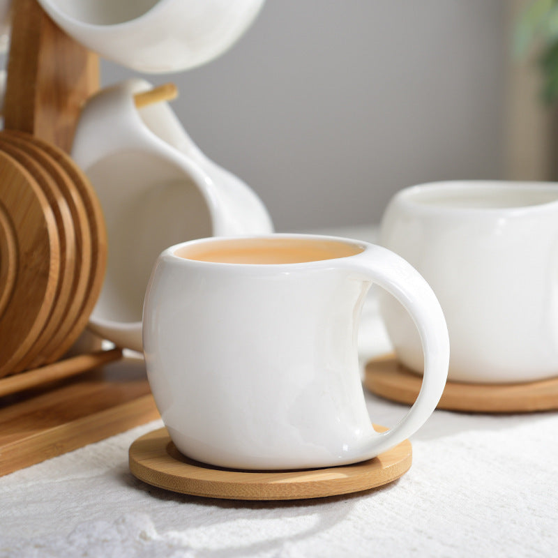 Six-piece Simple Ceramic Cup Set 200ml Tea Cup Coffee Cup Three-dimensional Bamboo and Wooden Bracket Striped Non-slip Coaste