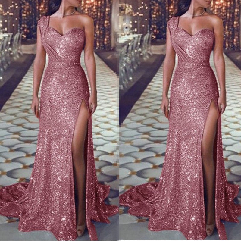Women's Clothing One-shoulder Sleeveless Bronzing Split Dress 3158d20a 7e71 4307 8416 ec3af26535df