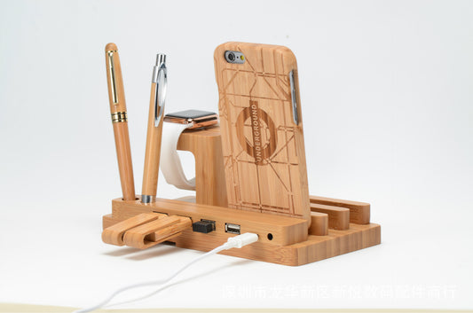 Compatible with Apple , Bamboo, wood andMobile applewatch bracket charging wooden bracket multi-function flat cell phone base - 图片 1