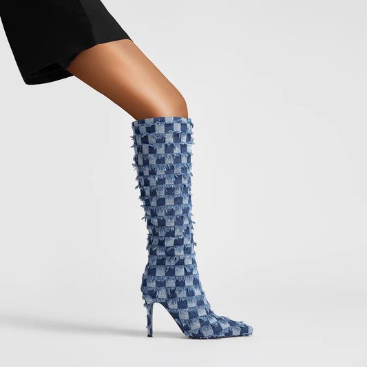 Chessboard Plaid Denim Blue Cloth Women's Boots 31ac1805 0953 40a6 a2ae 90cd2beac4c5
