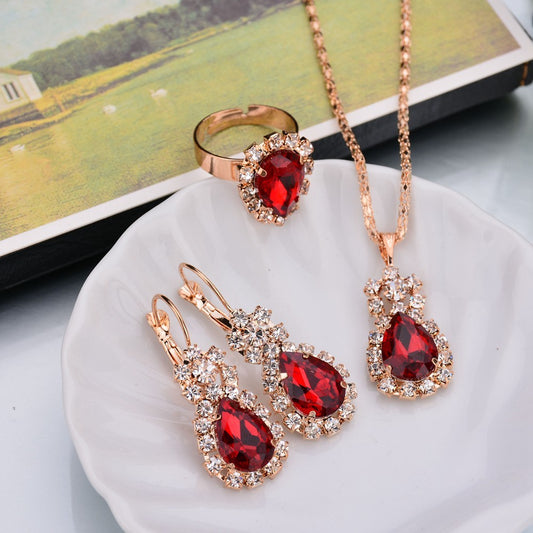 Europe And The United States Personalized Water Drop Color Diamond Necklace, Earrings, Rings Set, Shiny High-end Bridal Jewel