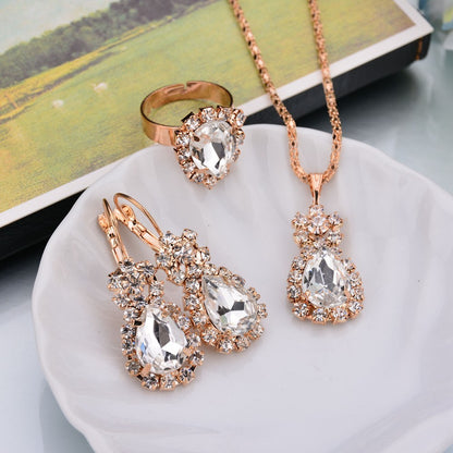 Europe And The United States Personalized Water Drop Color Diamond Necklace, Earrings, Rings Set, Shiny High-end Bridal Jewel