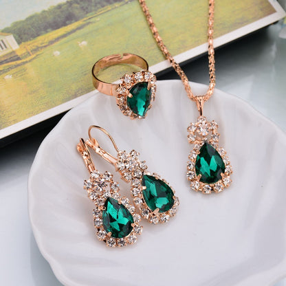 Europe And The United States Personalized Water Drop Color Diamond Necklace, Earrings, Rings Set, Shiny High-end Bridal Jewel