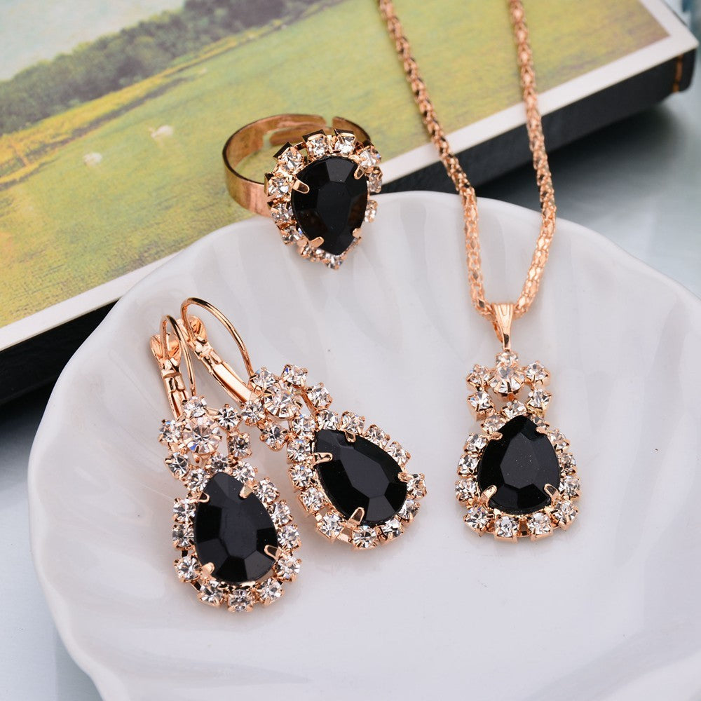 Europe And The United States Personalized Water Drop Color Diamond Necklace, Earrings, Rings Set, Shiny High-end Bridal Jewel