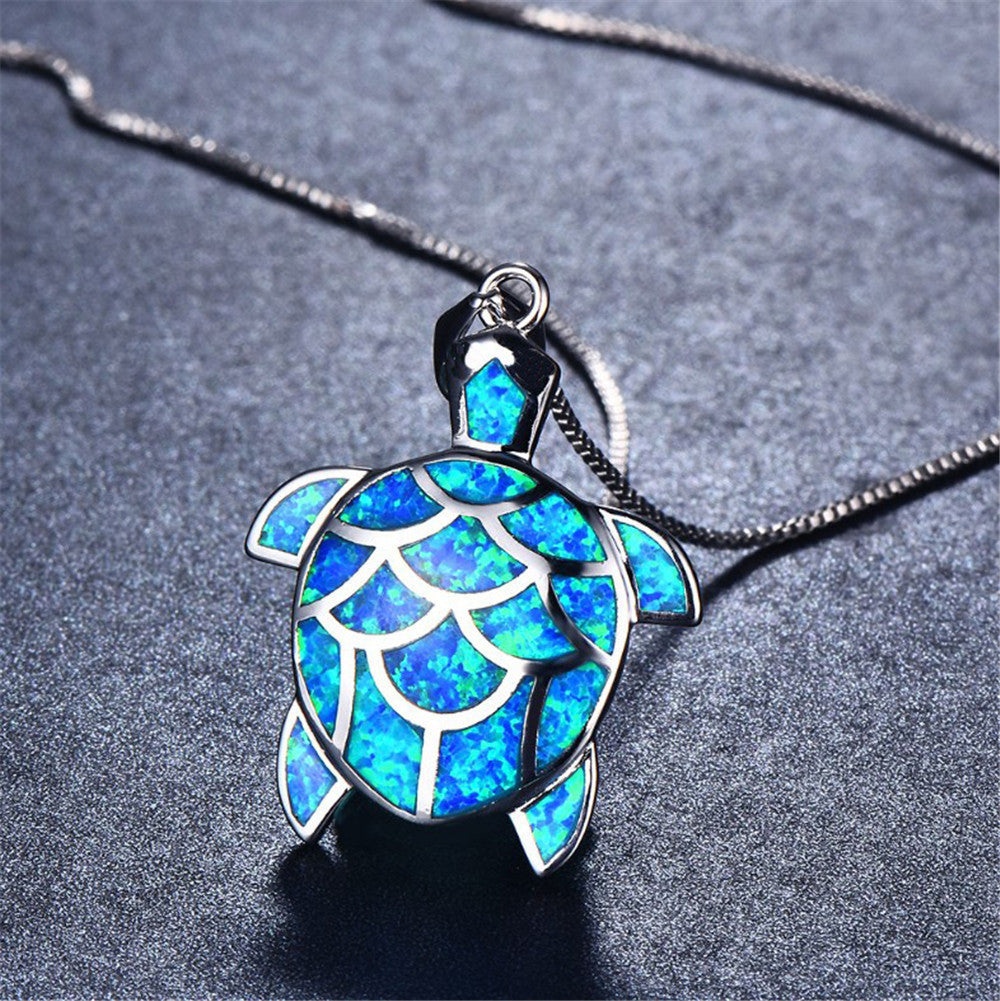 Blue opal ladies cute little turtle necklace 3236675479799