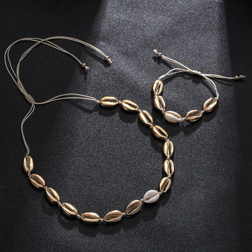 Gold alloy natural shell handmade knotted necklace 3241227633465