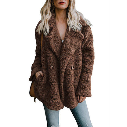 Autumn and Winter Women's Plush Button Lapels Pocket Coat Shirt 325039035327